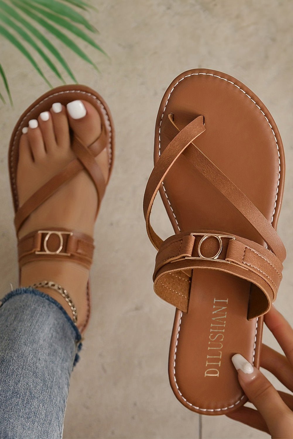 Metal Buckle Leathered Flat Slippers - Cami's Little Shop
