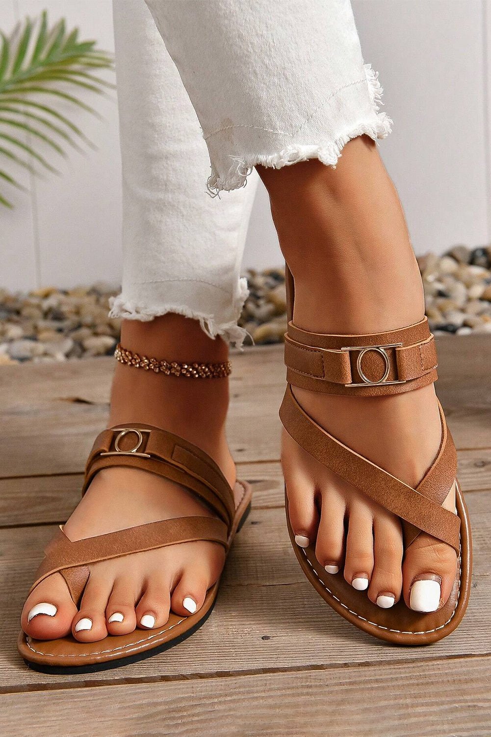 Metal Buckle Leathered Flat Slippers - Cami's Little Shop