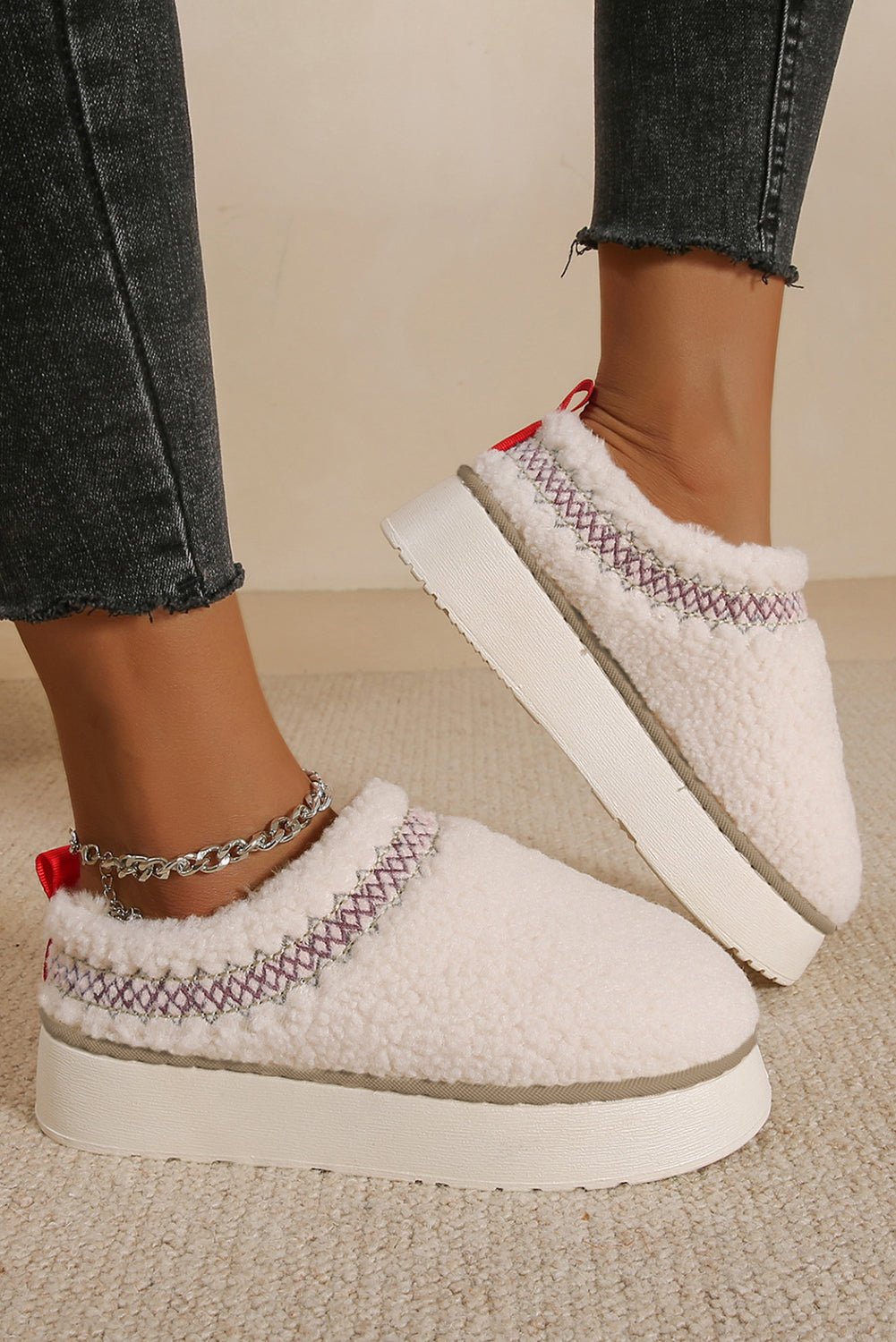Oatmeal Soft Plush Embroidered Detail Flat Platform Slippers - Cami's Little Shop