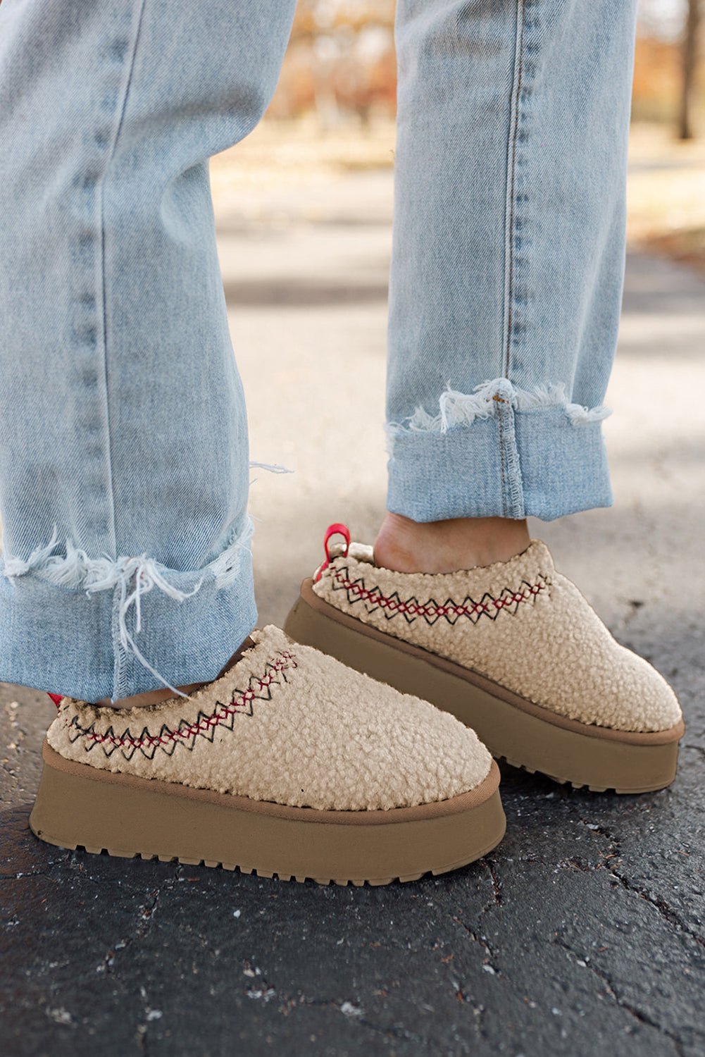 Oatmeal Soft Plush Embroidered Detail Flat Platform Slippers - Cami's Little Shop