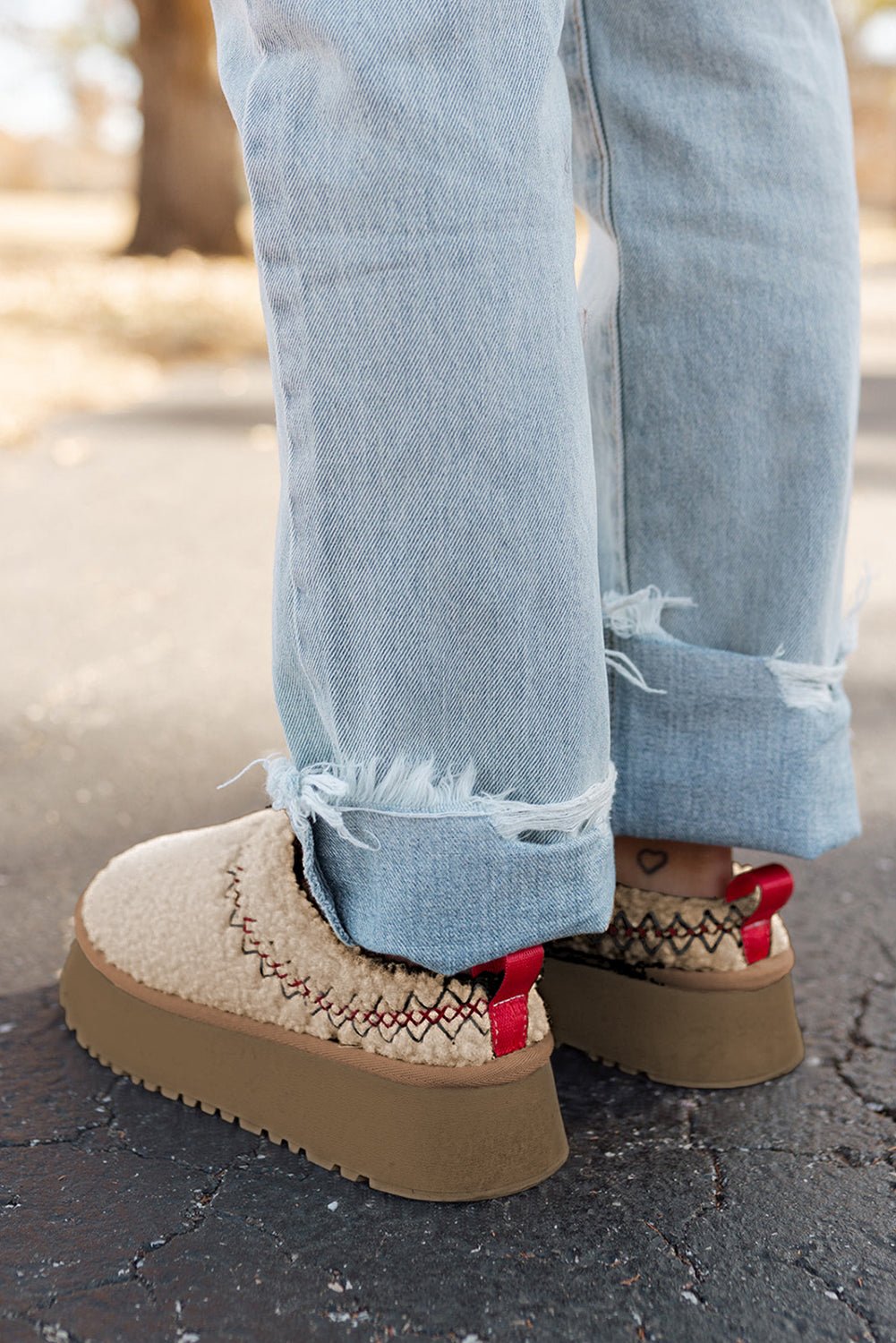 Oatmeal Soft Plush Embroidered Detail Flat Platform Slippers - Cami's Little Shop