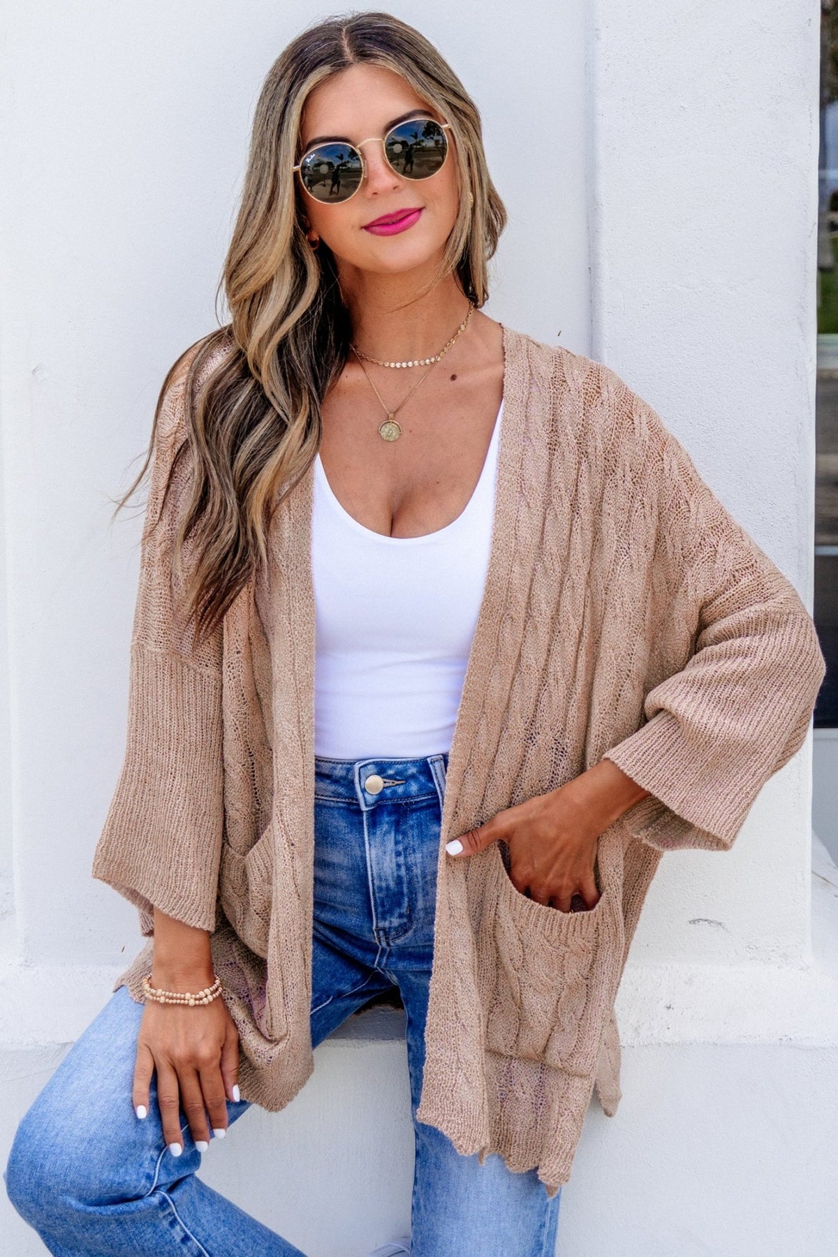 Pink Drop Shoulder Crochet Knit Open Front Cardigan - Cami's Little Shop