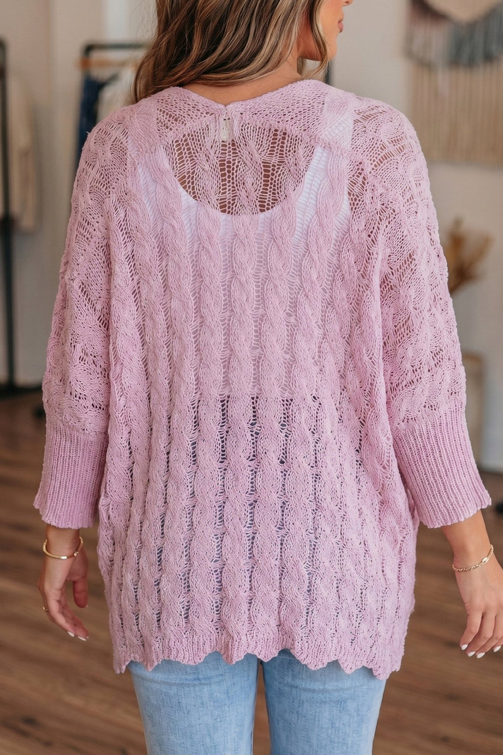 Pink Drop Shoulder Crochet Knit Open Front Cardigan - Cami's Little Shop