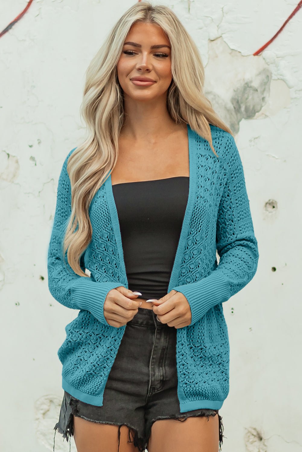Redwood Burl Mix Pattern Hollowed Knit Open Front Cardigan - Cami's Little Shop