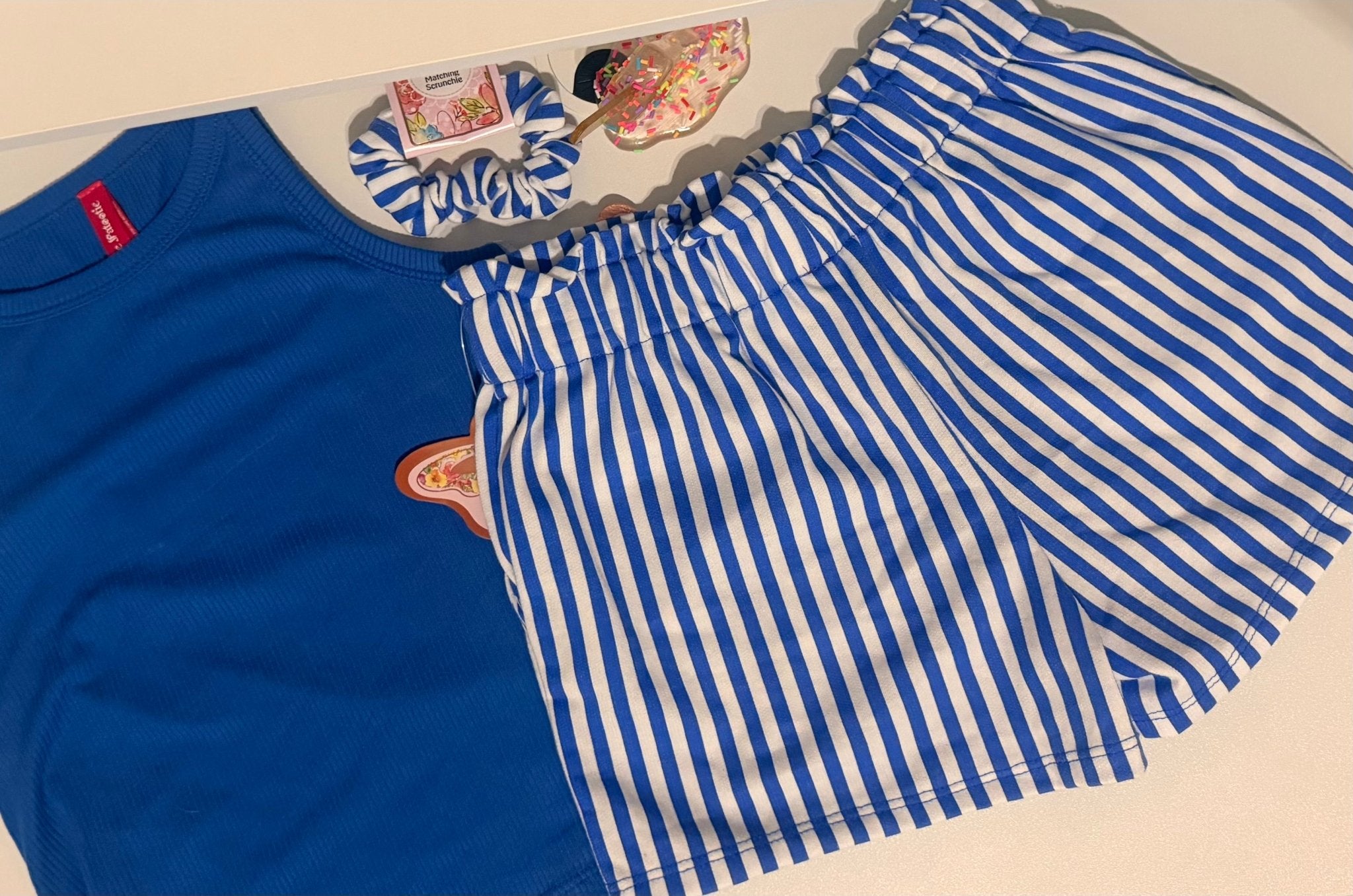 Stipe Short Set w/ Matching Scrunchie - Cami's Little Shop