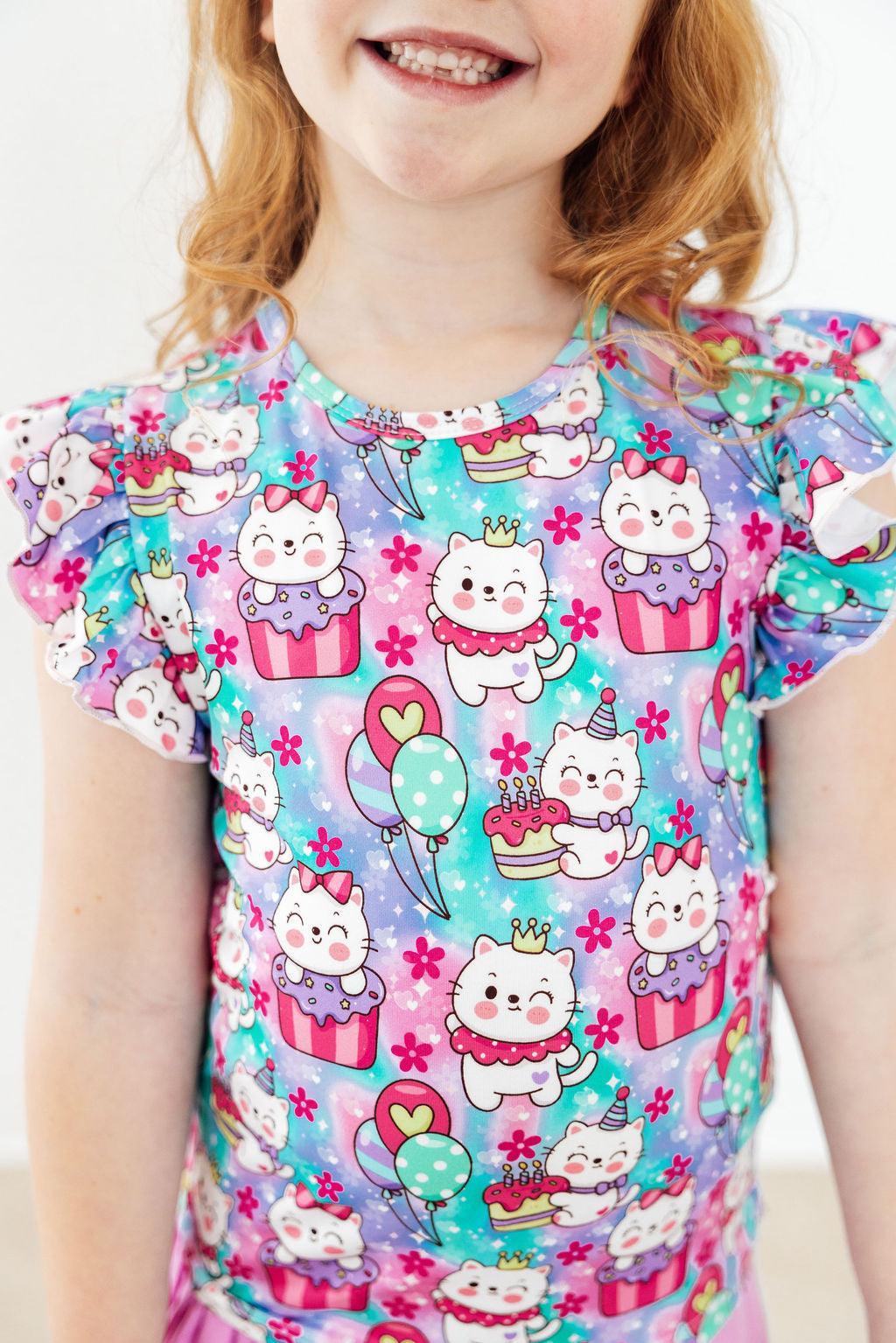 Time To Purr-ty S/S Ruffle Tee - Cami's Little Shop