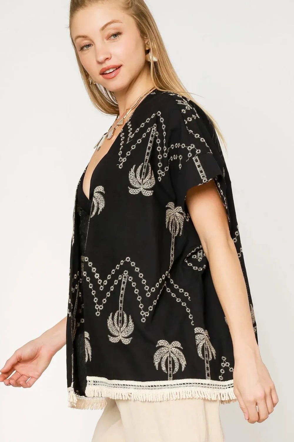 Umgee Open Front Embroidered Fringe Kimono - Cami's Little Shop