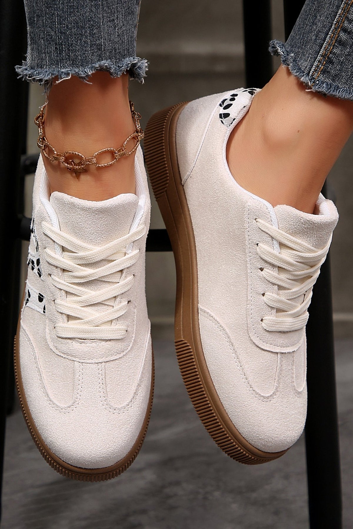 White Suede Leopard Color Block Trim Lace-up Casual Shoes - Cami's Little Shop