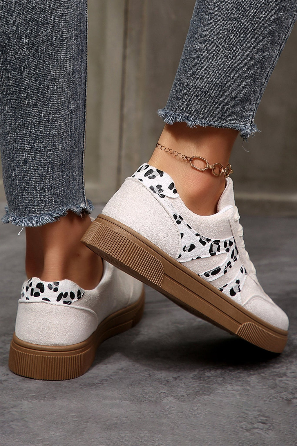 White Suede Leopard Color Block Trim Lace-up Casual Shoes - Cami's Little Shop